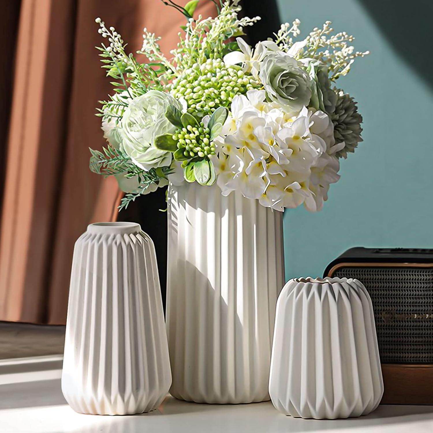 White Ceramic Vases: Matte Boho Decor Set